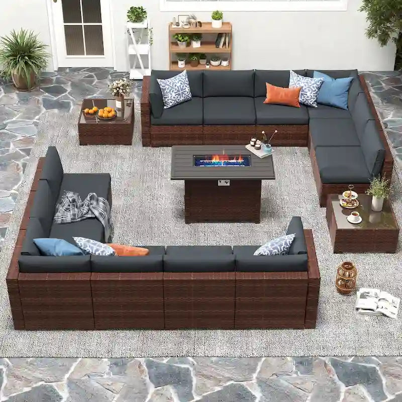 Ensemble de meubles de jardin en osier 15 pièces avec foyer et table