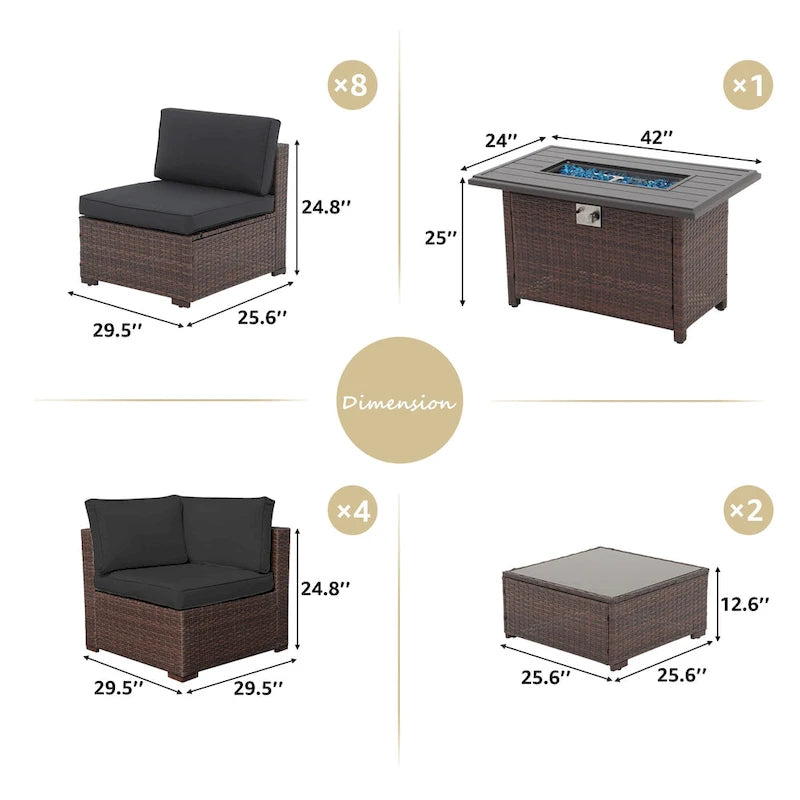 Ensemble de meubles de jardin en osier 15 pièces avec foyer et table