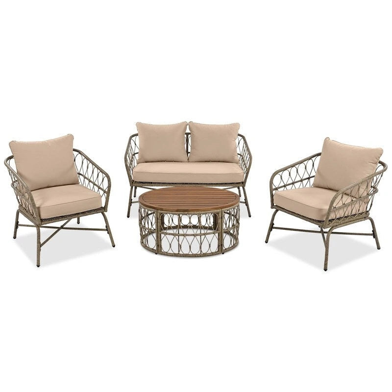 Ensemble de conversation d'extérieur 4 pièces avec coussins amovibles, plateau de table en bois