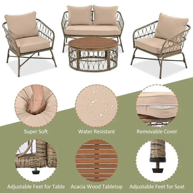 Ensemble de conversation d'extérieur 4 pièces avec coussins amovibles, plateau de table en bois