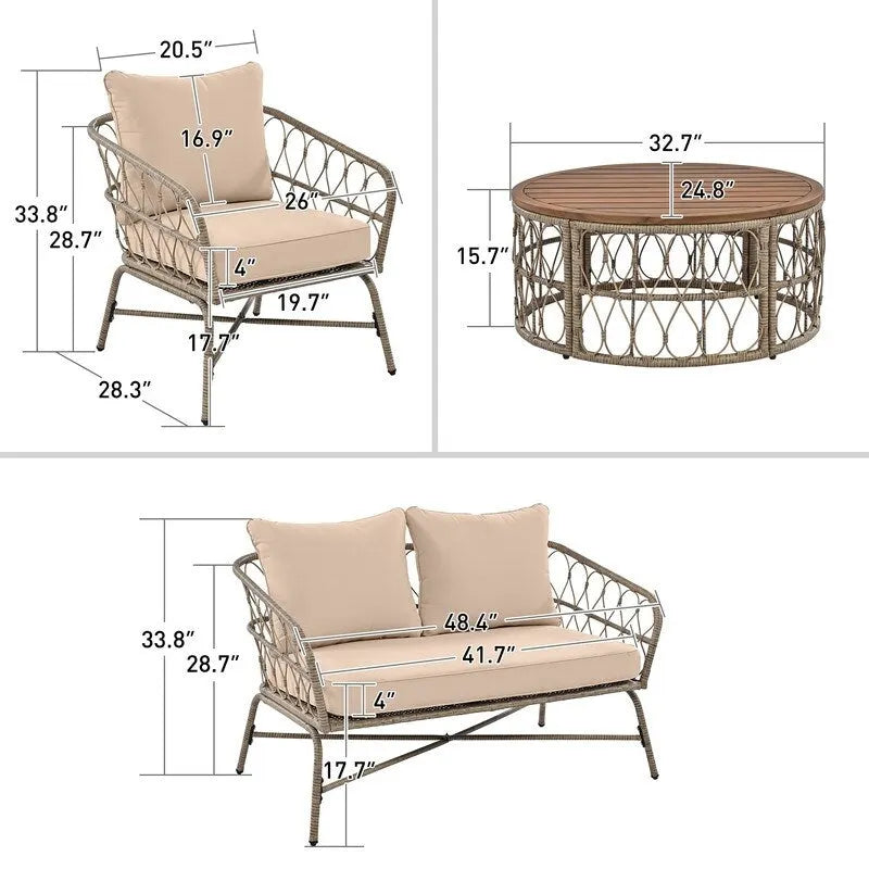 Ensemble de conversation d'extérieur 4 pièces avec coussins amovibles, plateau de table en bois