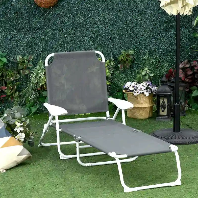 Chaise longue pliante, Transat d'extérieur, Dossier inclinable 4 positions, Accoudoirs, Cadre en métal et Tissu maillé