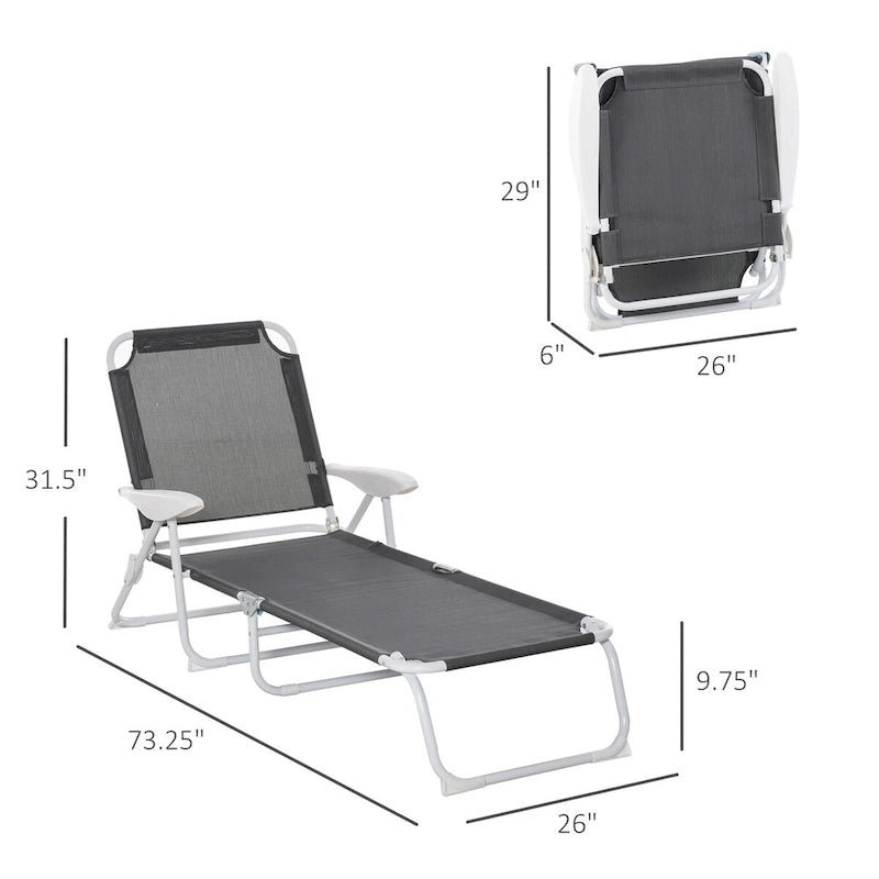 Chaise longue pliante, Transat d'extérieur, Dossier inclinable 4 positions, Accoudoirs, Cadre en métal et Tissu maillé