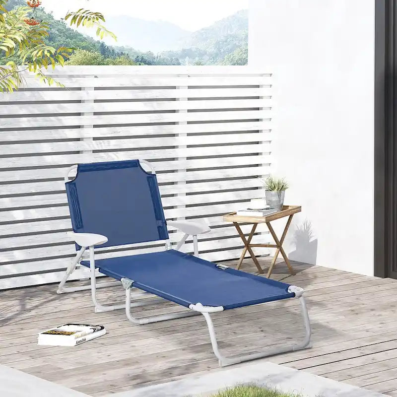 Chaise longue pliante, Transat d'extérieur, Dossier inclinable 4 positions, Accoudoirs, Cadre en métal et Tissu maillé