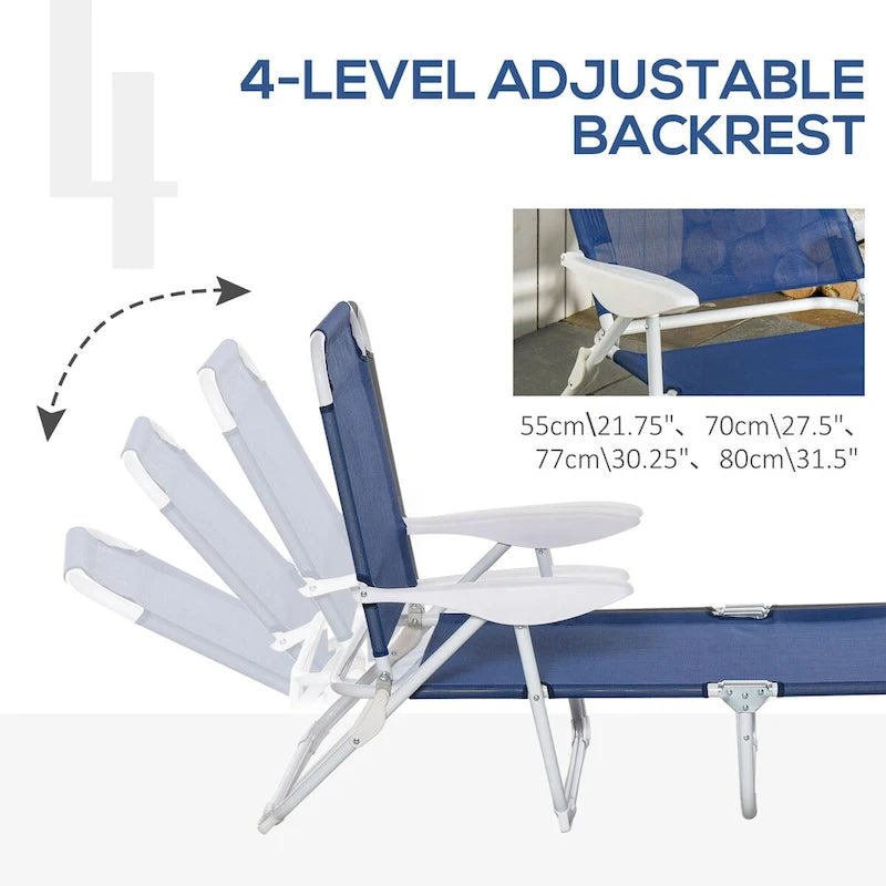 Chaise longue pliante, Transat d'extérieur, Dossier inclinable 4 positions, Accoudoirs, Cadre en métal et Tissu maillé