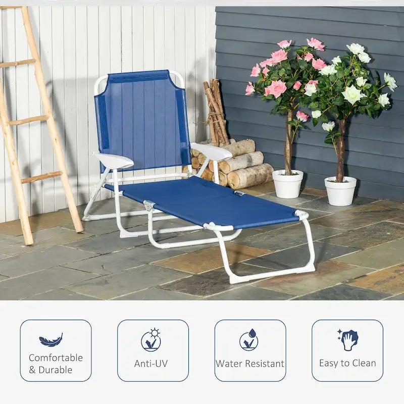 Chaise longue pliante, Transat d'extérieur, Dossier inclinable 4 positions, Accoudoirs, Cadre en métal et Tissu maillé