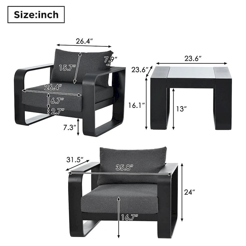 Ensemble de meubles de patio 3 pièces en aluminium avec coussin et table basse
