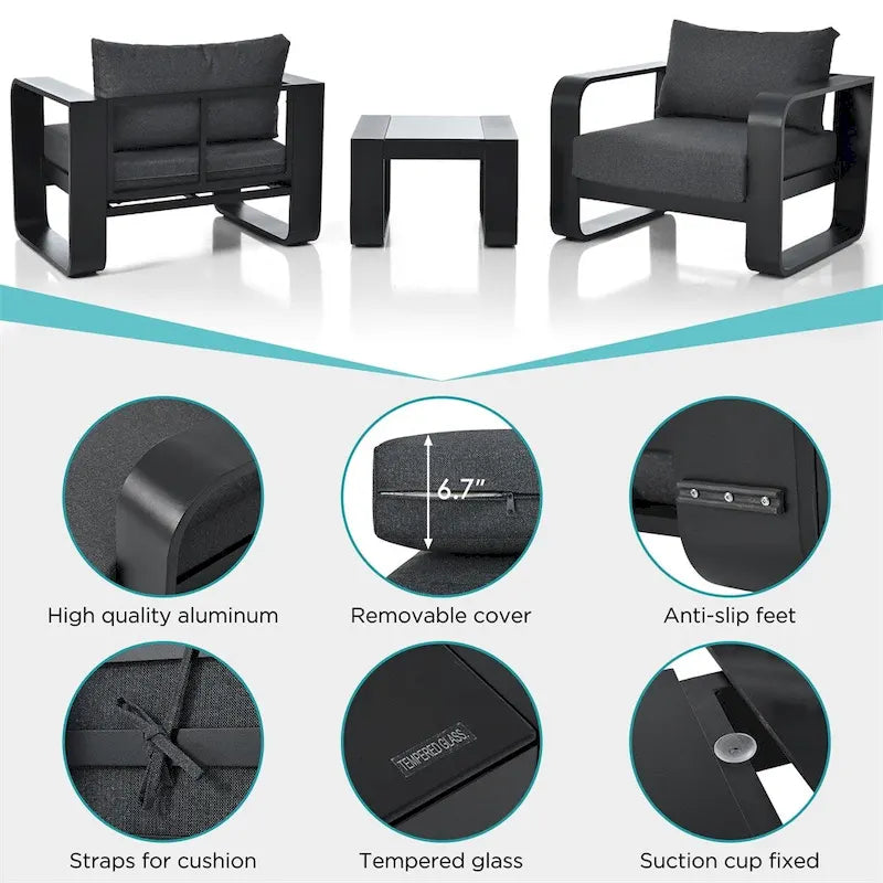 Ensemble de meubles de patio 3 pièces en aluminium avec coussin et table basse