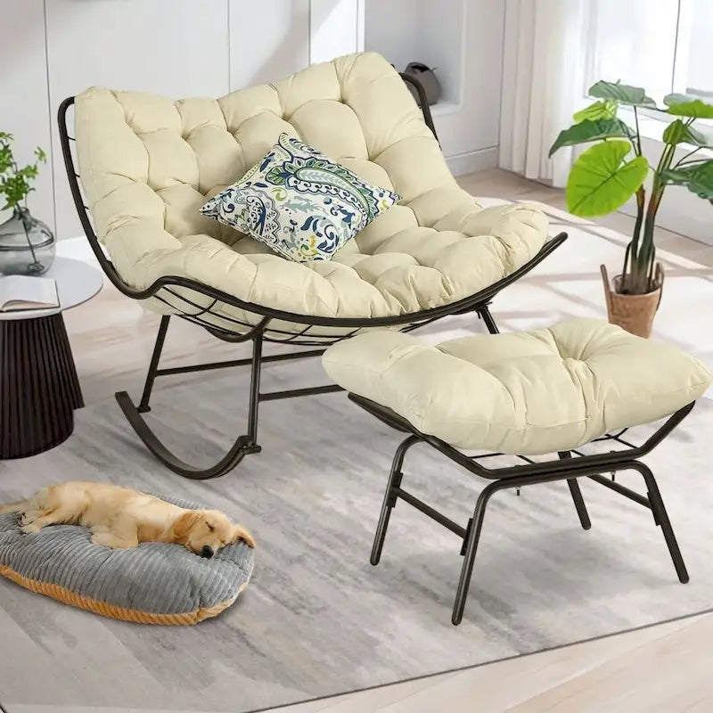 Fauteuil de lecture œuf à bascule et inclinable d'extérieur avec grands coussins (ensemble de 2)