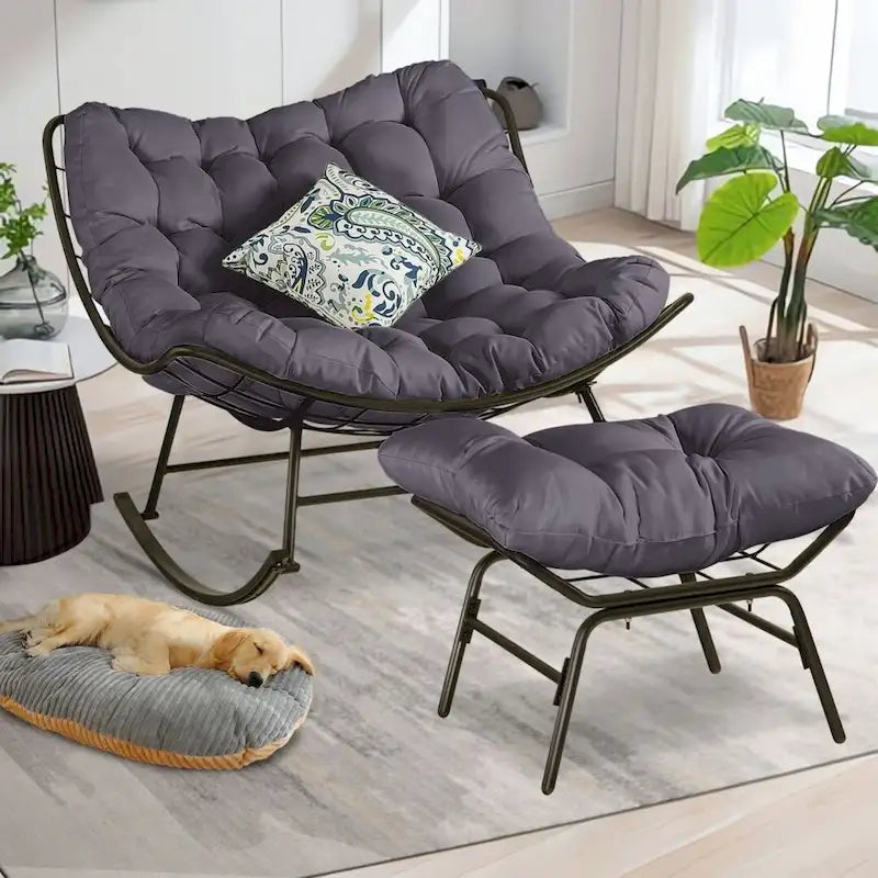 Fauteuil de lecture œuf à bascule et inclinable d'extérieur avec grands coussins (ensemble de 2)