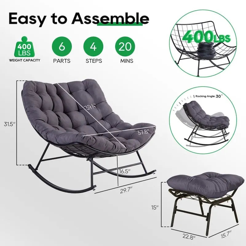 Fauteuil de lecture œuf à bascule et inclinable d'extérieur avec grands coussins (ensemble de 2)