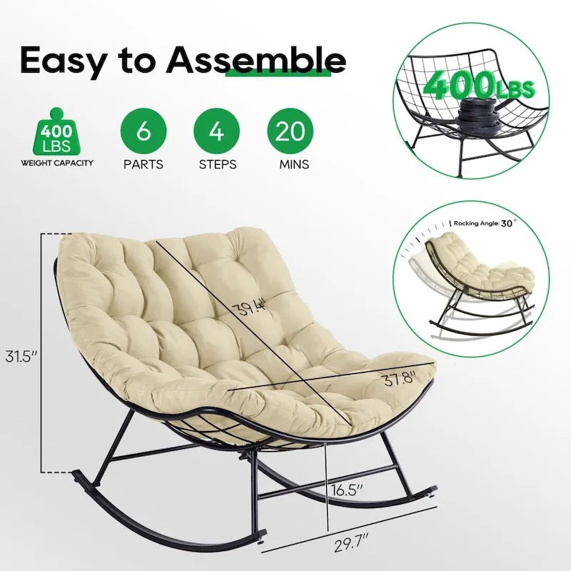 Fauteuil de lecture œuf à bascule et inclinable d'extérieur avec grands coussins (ensemble de 2)