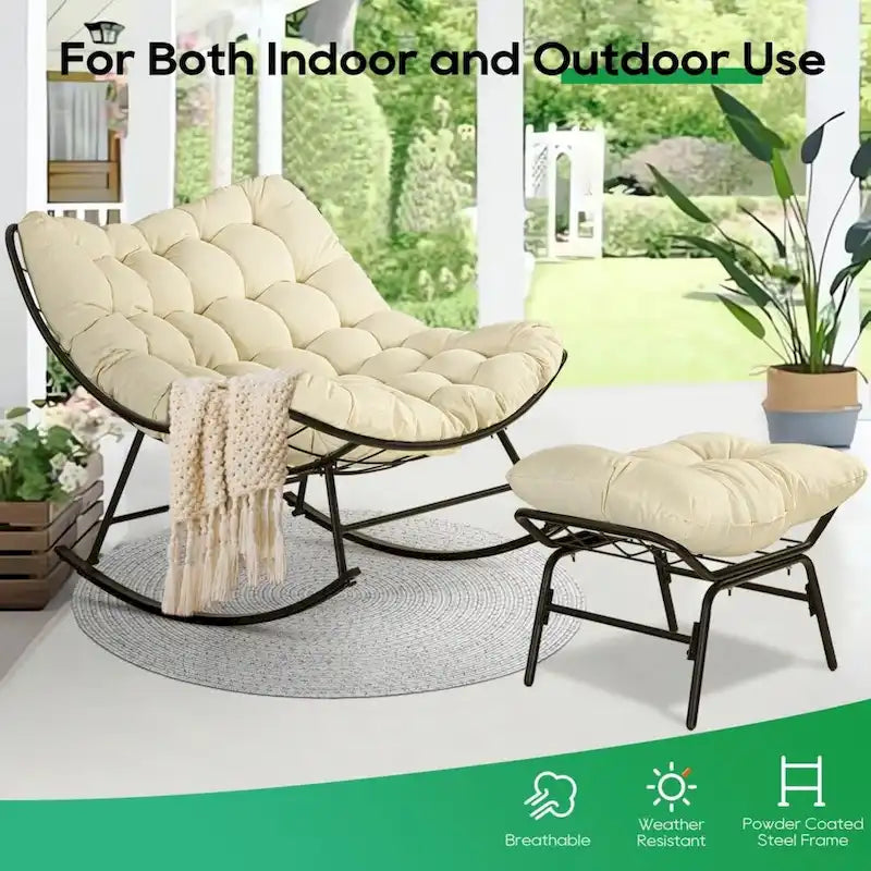 Fauteuil de lecture œuf à bascule et inclinable d'extérieur avec grands coussins (ensemble de 2)