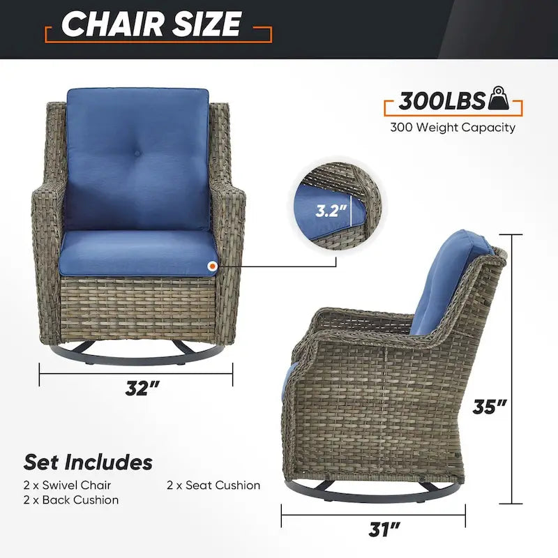 Chaises de terrasse 4 pièces avec ottoman, chaises pivotantes à bascule - Gris