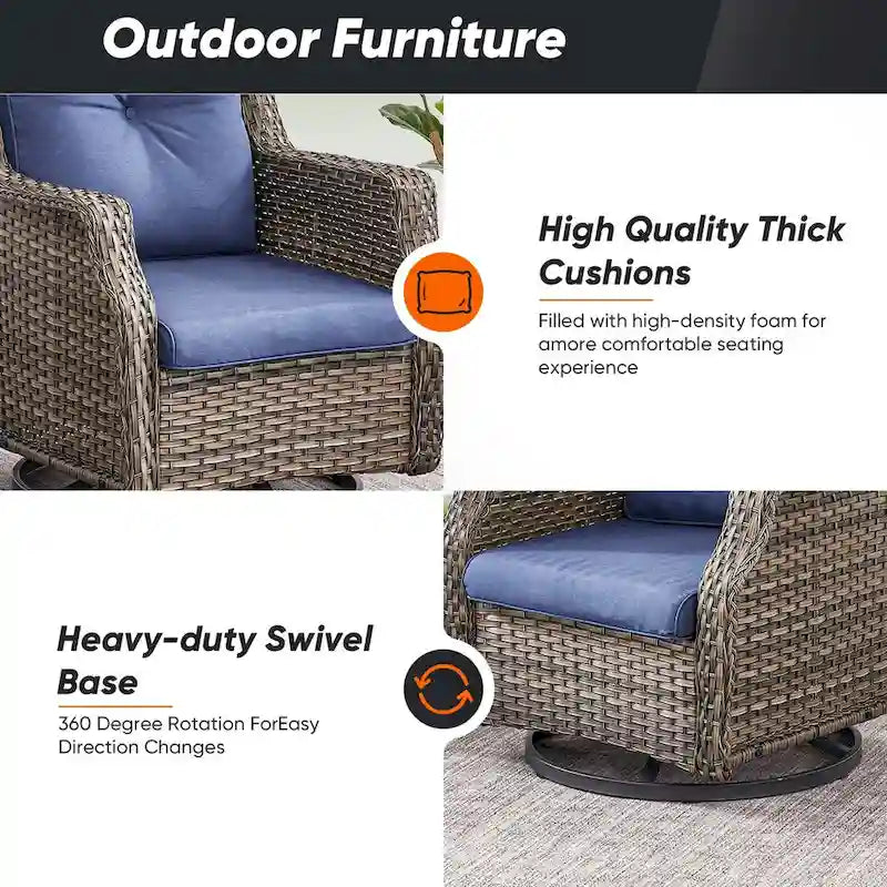 Chaises de terrasse 4 pièces avec ottoman, chaises pivotantes à bascule - Gris