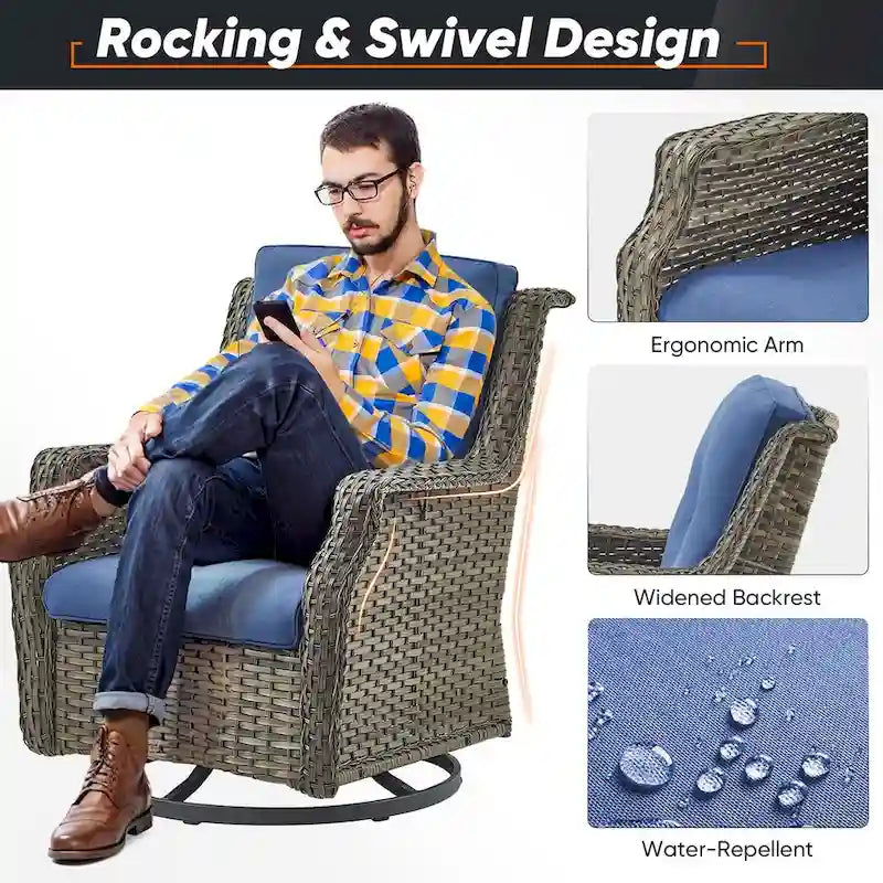 Chaises de terrasse 4 pièces avec ottoman, chaises pivotantes à bascule - Gris