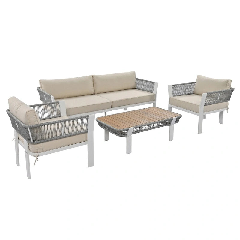 Ensemble de conversation d'extérieur 4 pièces avec table basse et coussins moelleux