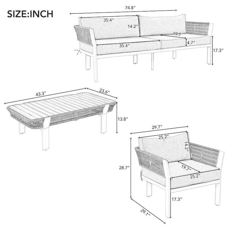 Ensemble de conversation d'extérieur 4 pièces avec table basse et coussins moelleux