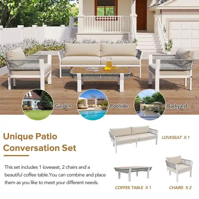 Ensemble de conversation d'extérieur 4 pièces avec table basse et coussins moelleux