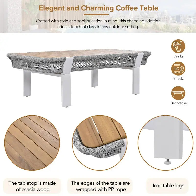 Ensemble de conversation d'extérieur 4 pièces avec table basse et coussins moelleux