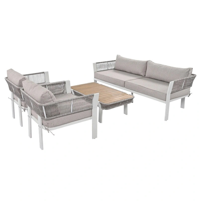 Ensemble de conversation d'extérieur 4 pièces avec table basse et coussins moelleux