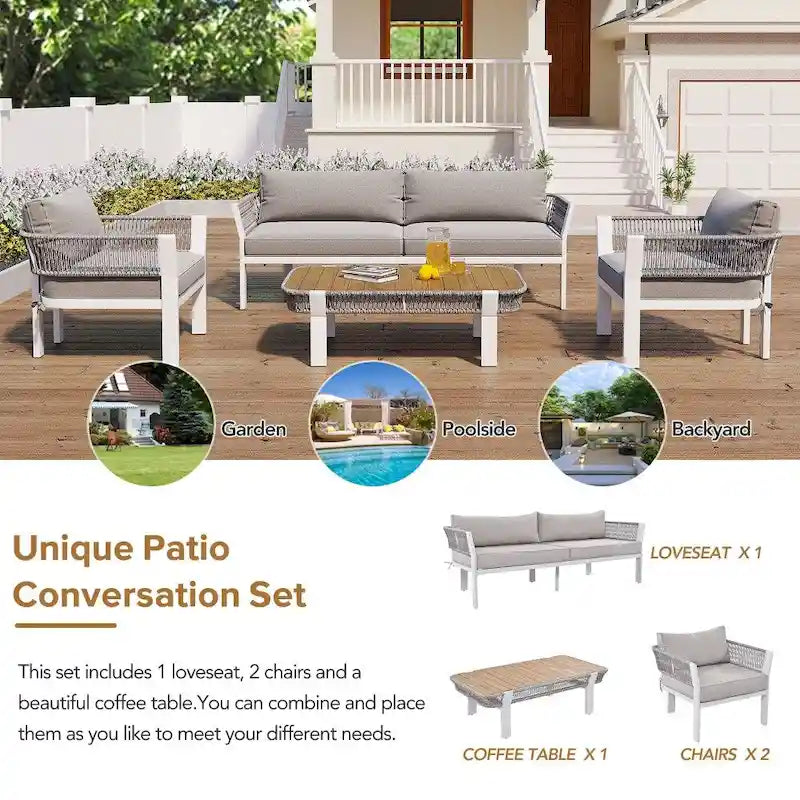 Ensemble de conversation d'extérieur 4 pièces avec table basse et coussins moelleux