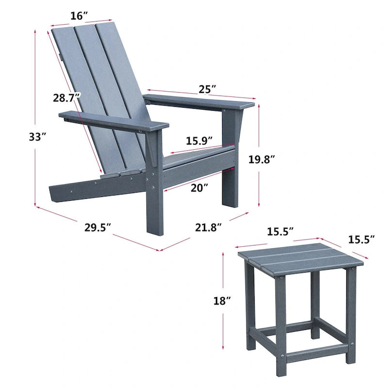 3 chaises Adirondack d'extérieur, chaises de jardin avec table d'appoint, pour terrasse, jardin, cour arrière, balcon, gris