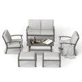 Ensemble de conversation de patio 6 pièces en aluminium avec table basse, causeuse, pouf et coussins gris clair