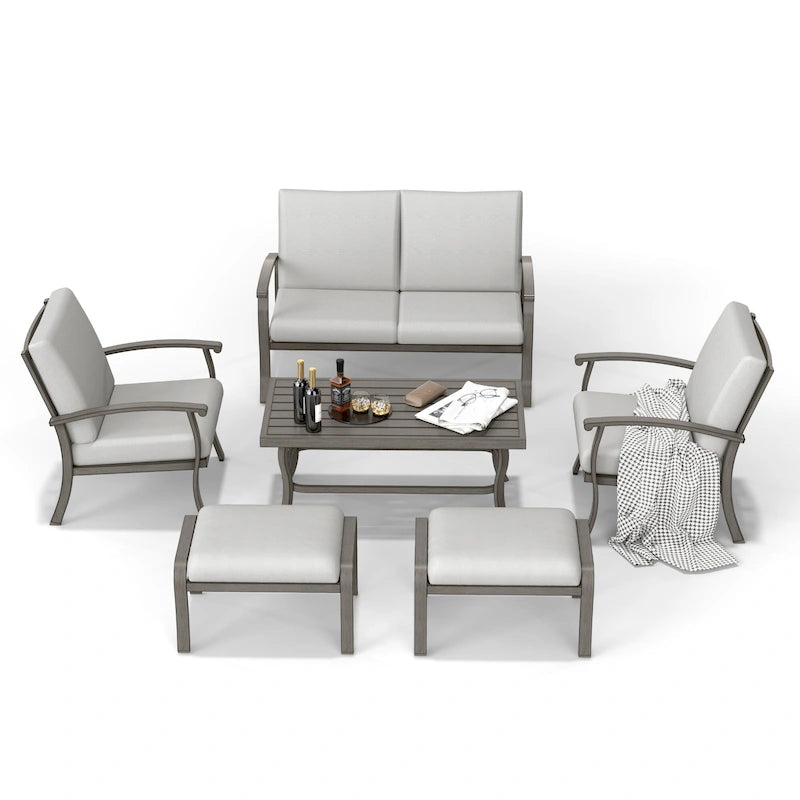 Ensemble de conversation de patio 6 pièces en aluminium avec table basse, causeuse, pouf et coussins gris clair