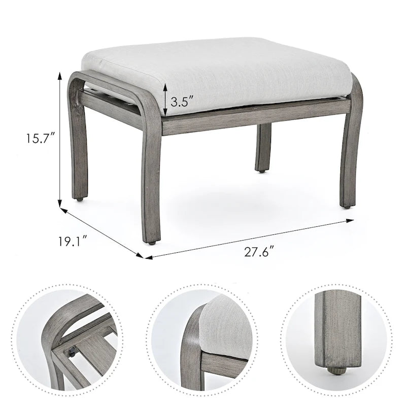 Ensemble de conversation de patio 6 pièces en aluminium avec table basse, causeuse, pouf et coussins gris clair