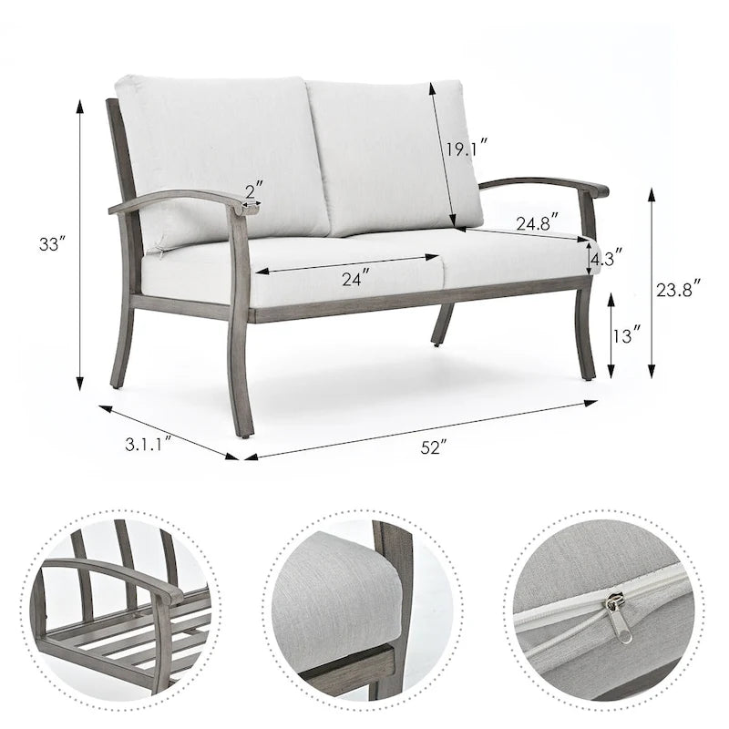 Ensemble de conversation de patio 6 pièces en aluminium avec table basse, causeuse, pouf et coussins gris clair