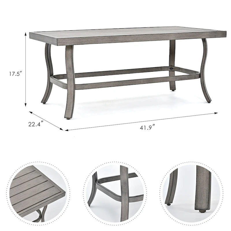 Ensemble de conversation de patio 6 pièces en aluminium avec table basse, causeuse, pouf et coussins gris clair