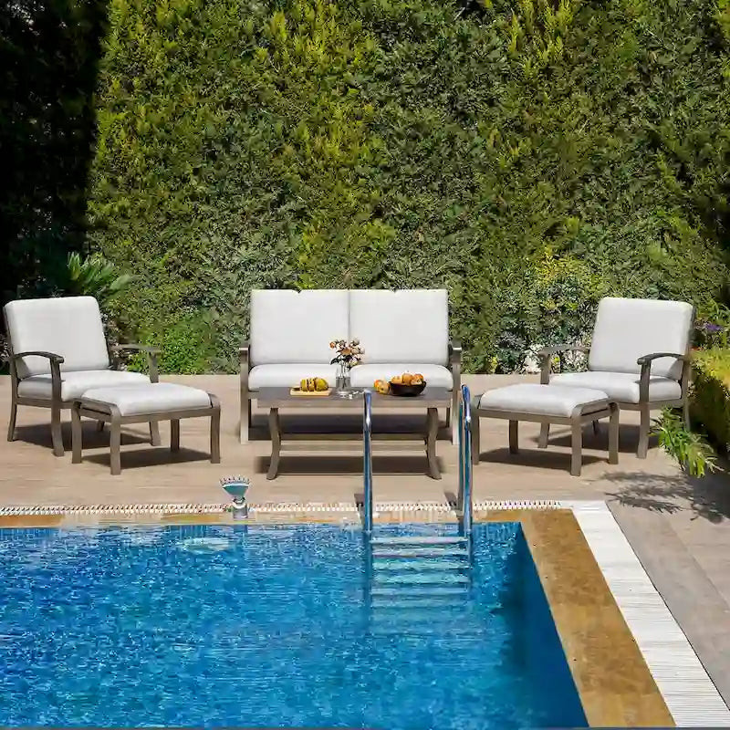 Ensemble de conversation de patio 6 pièces en aluminium avec table basse, causeuse, pouf et coussins gris clair