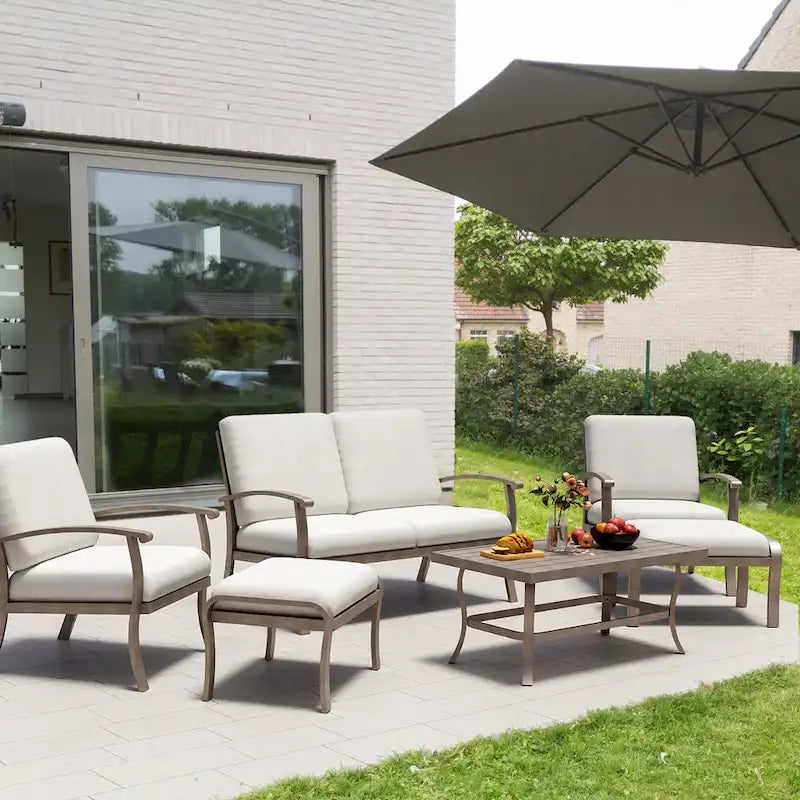 Ensemble de conversation de patio 6 pièces en aluminium avec table basse, causeuse, pouf et coussins gris clair