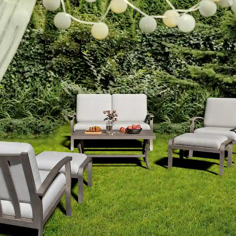 Ensemble de conversation de patio 6 pièces en aluminium avec table basse, causeuse, pouf et coussins gris clair