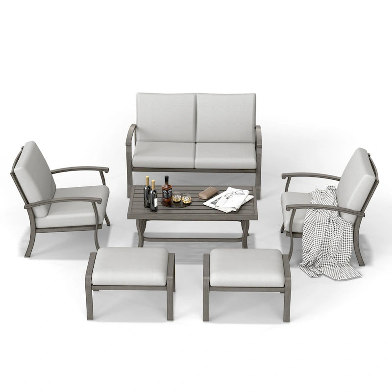 Ensemble de conversation de patio 6 pièces en aluminium avec table basse, causeuse, pouf et coussins gris clair