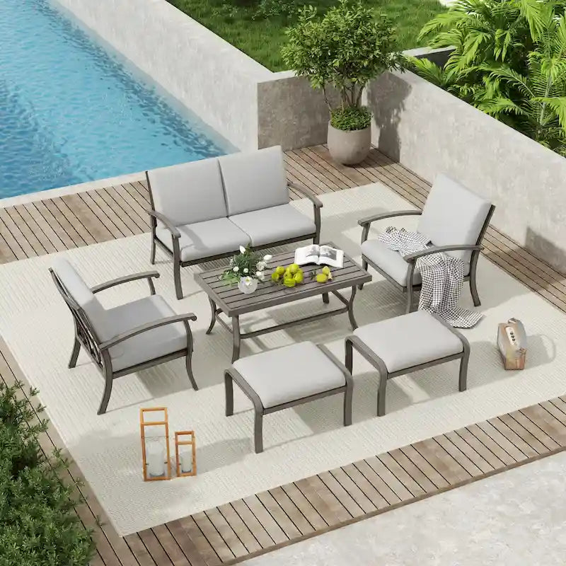 Ensemble de conversation de patio 6 pièces en aluminium avec table basse, causeuse, pouf et coussins gris clair