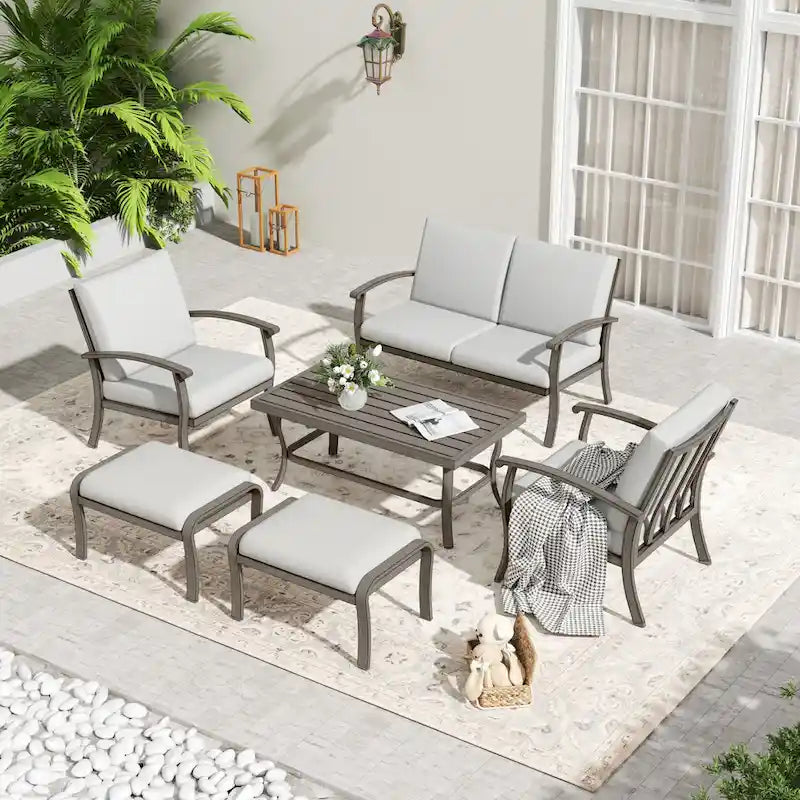 Ensemble de conversation de patio 6 pièces en aluminium avec table basse, causeuse, pouf et coussins gris clair
