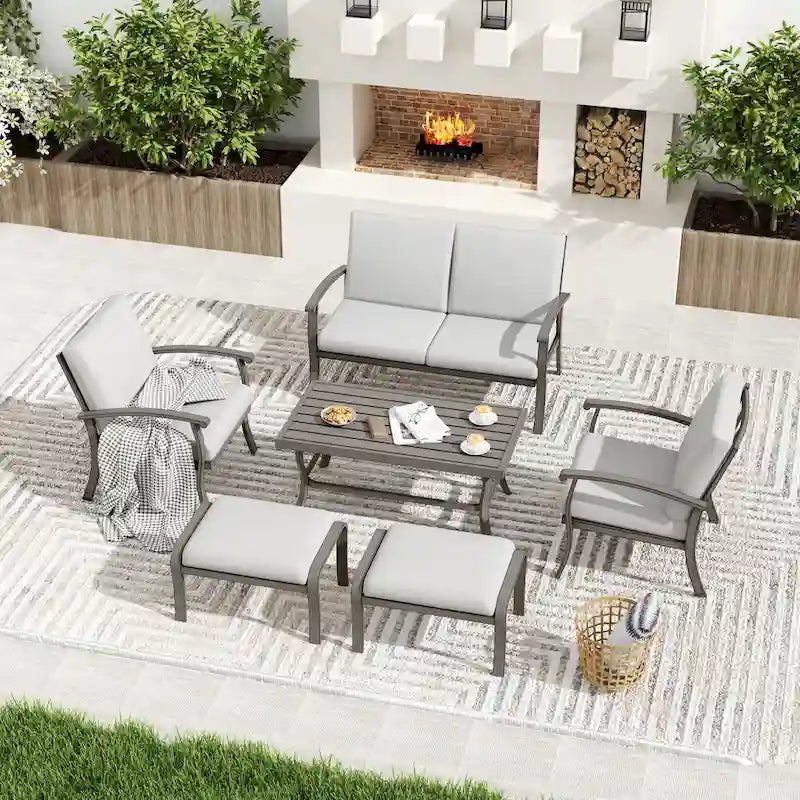 Ensemble de conversation de patio 6 pièces en aluminium avec table basse, causeuse, pouf et coussins gris clair