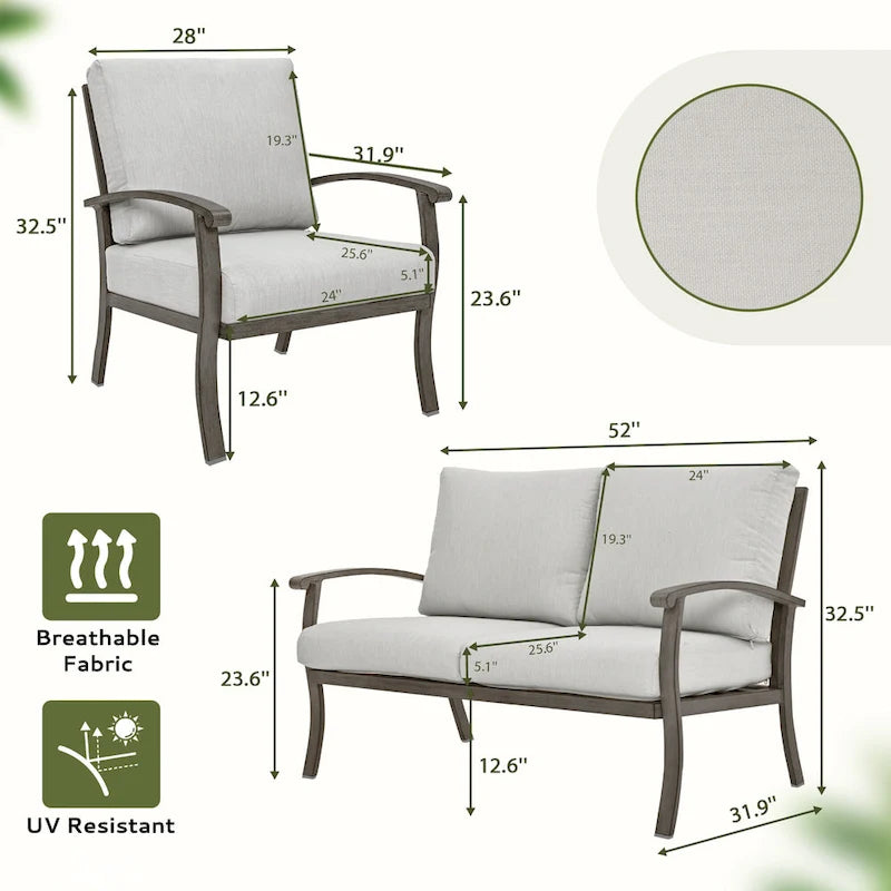 Ensemble de conversation de patio 6 pièces en aluminium avec table basse, causeuse, pouf et coussins gris clair