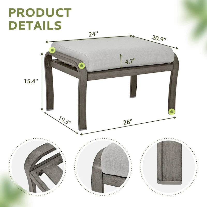 Ensemble de conversation de patio 6 pièces en aluminium avec table basse, causeuse, pouf et coussins gris clair