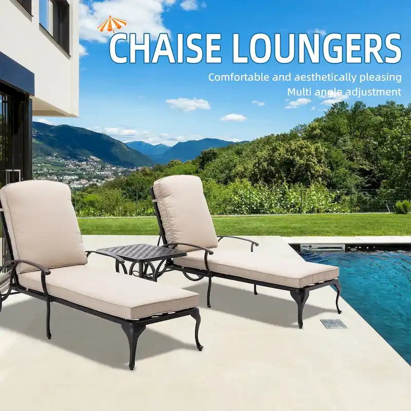 Chaise longue d'extérieur inclinable en aluminium 3 pièces avec coussins et table