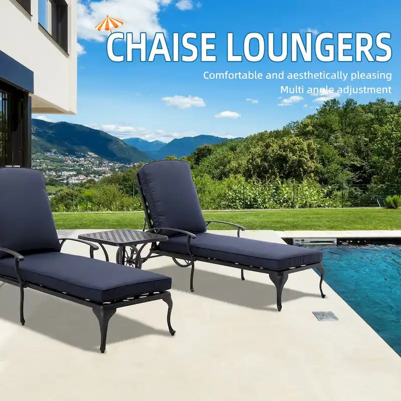 Chaise longue d'extérieur inclinable en aluminium 3 pièces avec coussins et table