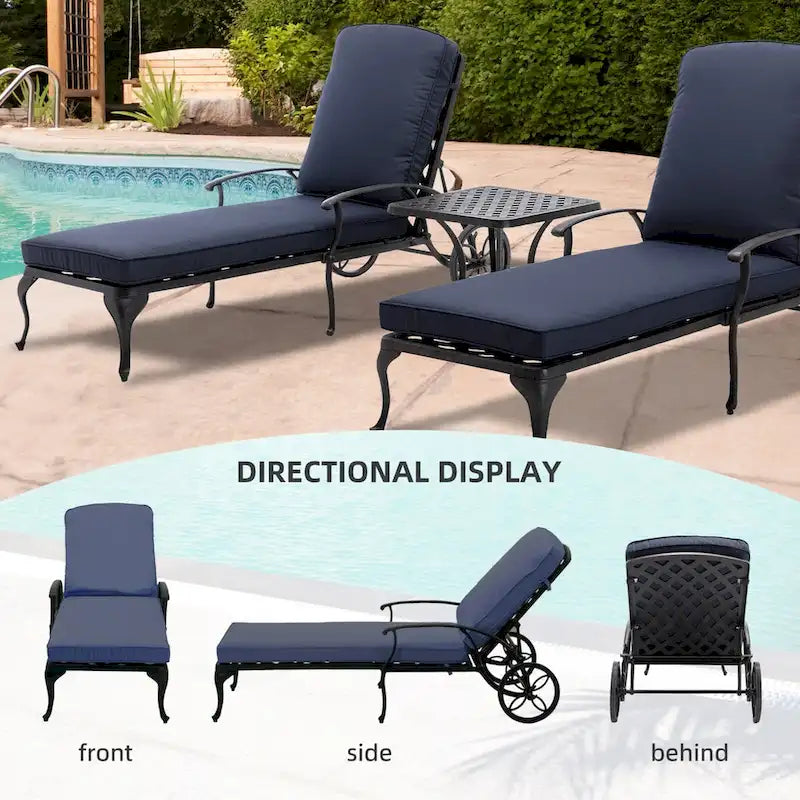 Chaise longue d'extérieur inclinable en aluminium 3 pièces avec coussins et table