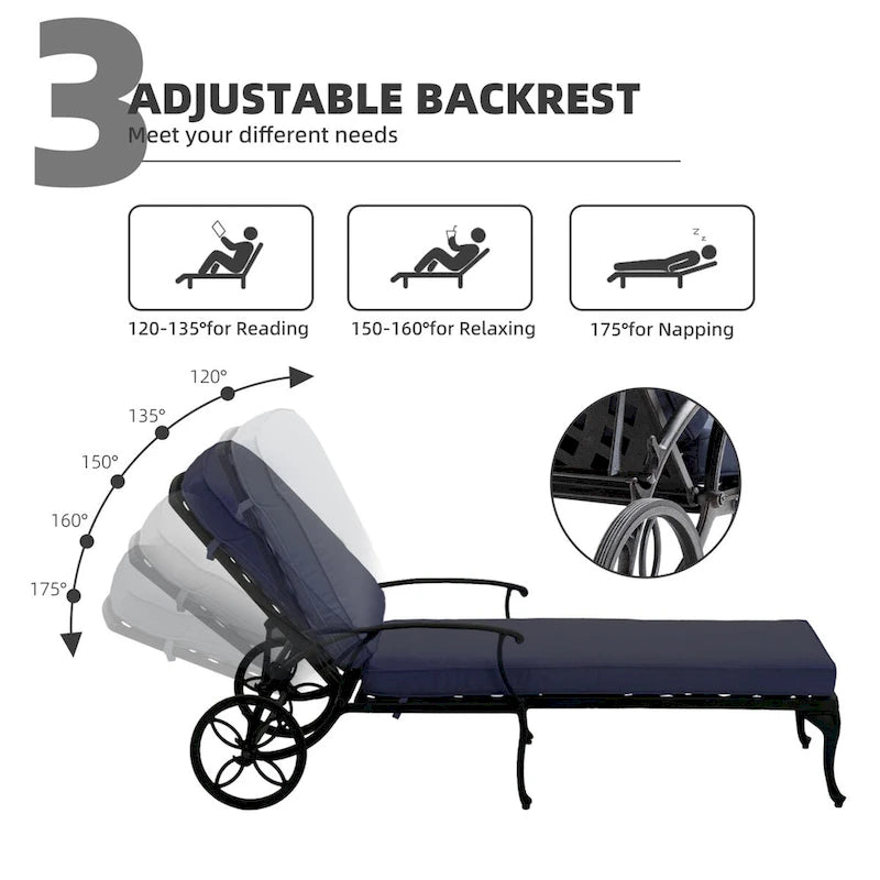 Chaise longue d'extérieur inclinable en aluminium 3 pièces avec coussins et table