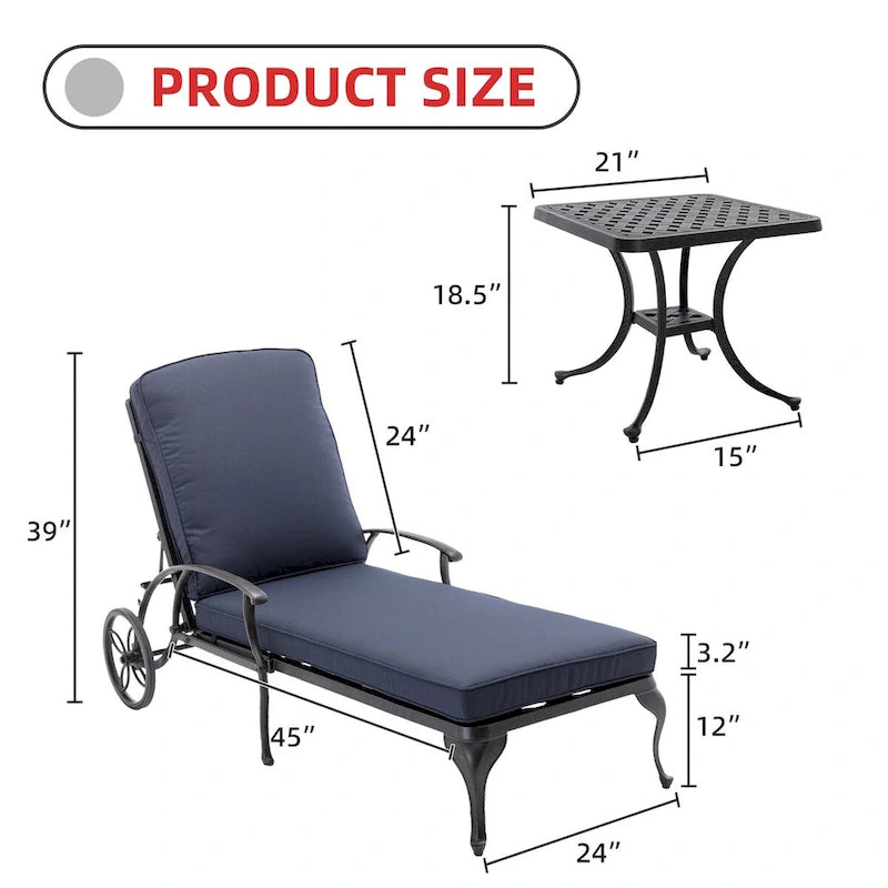 Chaise longue d'extérieur inclinable en aluminium 3 pièces avec coussins et table