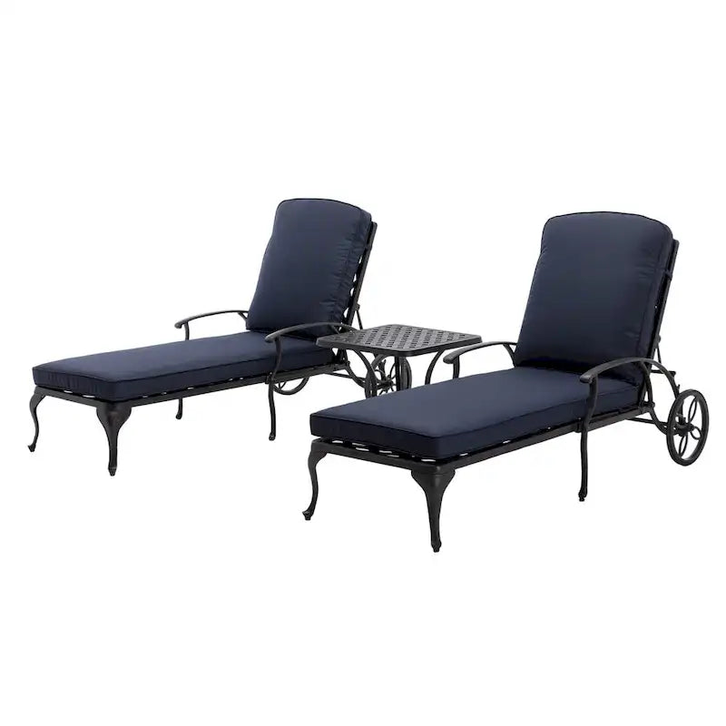 Chaise longue d'extérieur inclinable en aluminium 3 pièces avec coussins et table