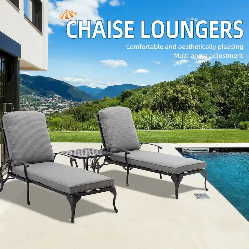 Chaise longue d'extérieur inclinable en aluminium 3 pièces avec coussins et table