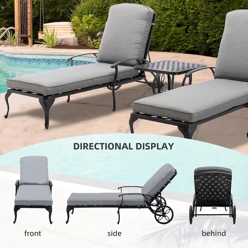 Chaise longue d'extérieur inclinable en aluminium 3 pièces avec coussins et table