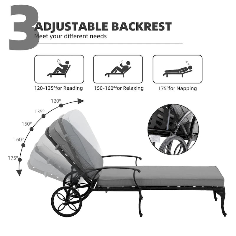 Chaise longue d'extérieur inclinable en aluminium 3 pièces avec coussins et table